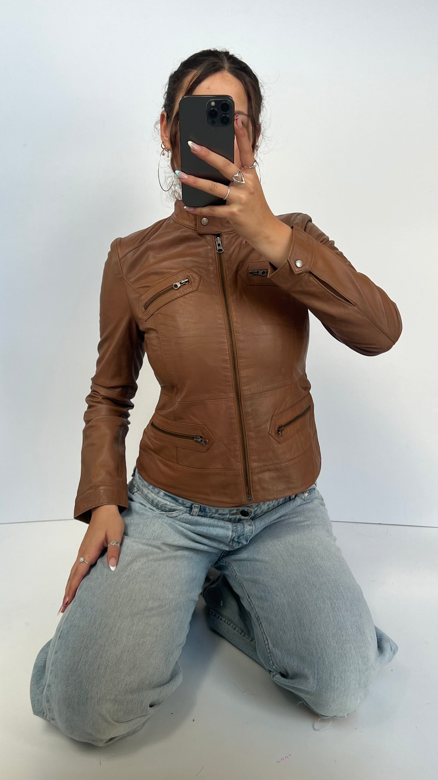 00s brown leather jacket- size M