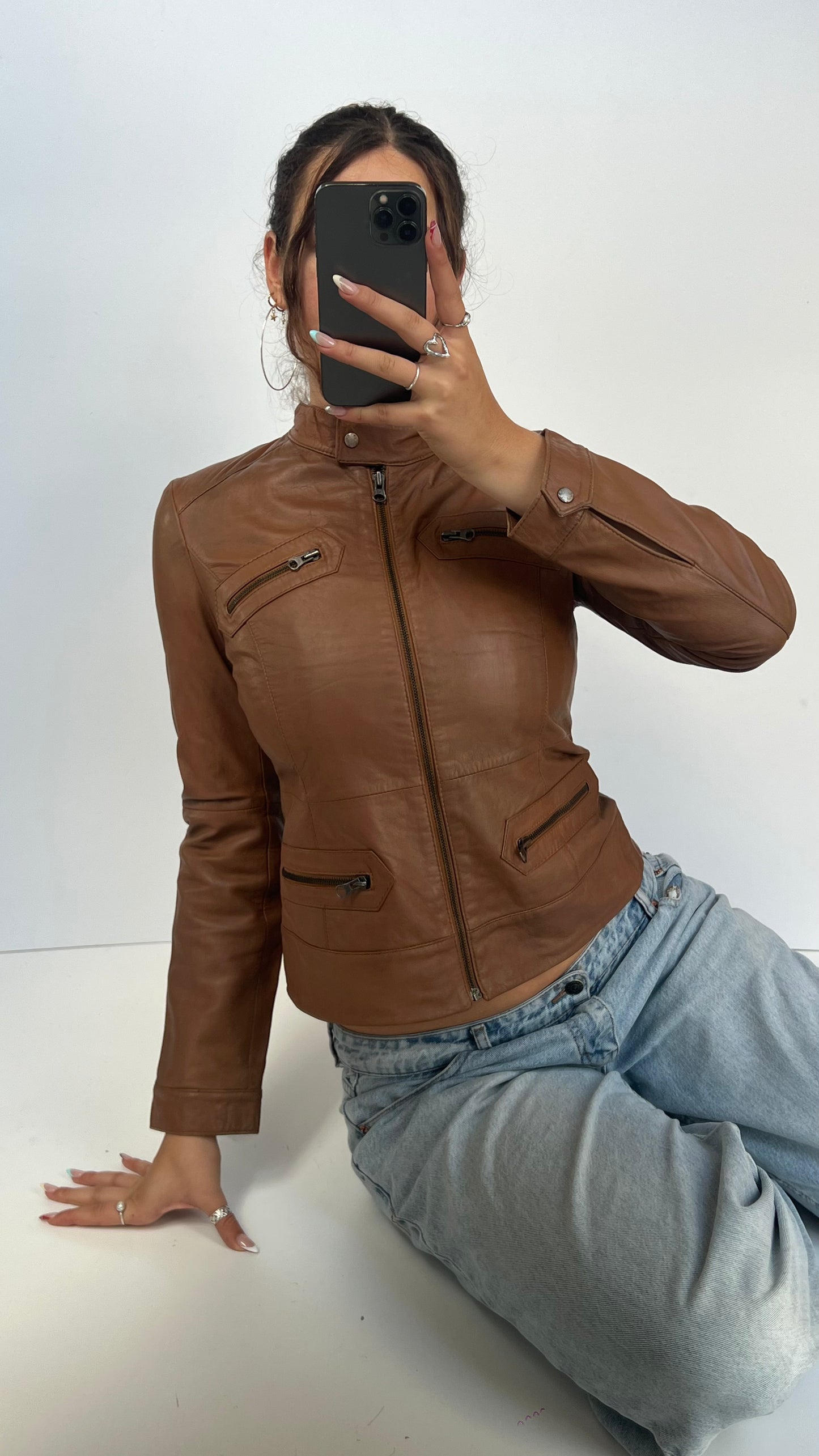 00s brown leather jacket- size M