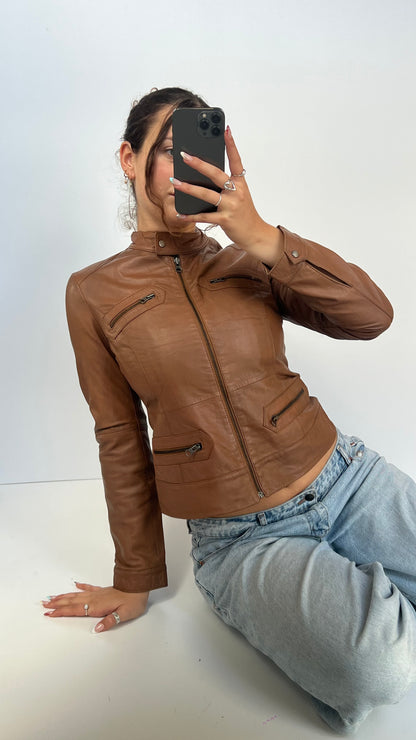 00s brown leather jacket- size M