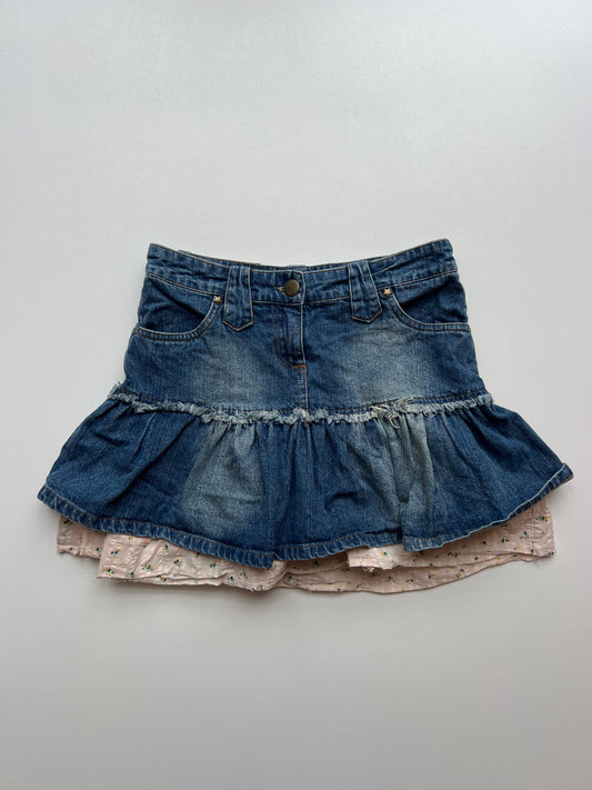 00s denim pink ruffle mini skirt- size S