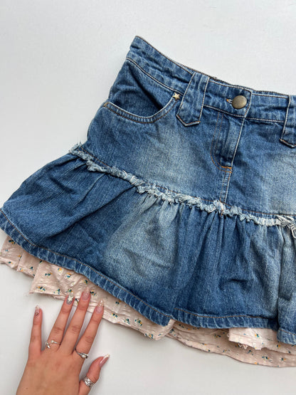 00s denim pink ruffle mini skirt- size S