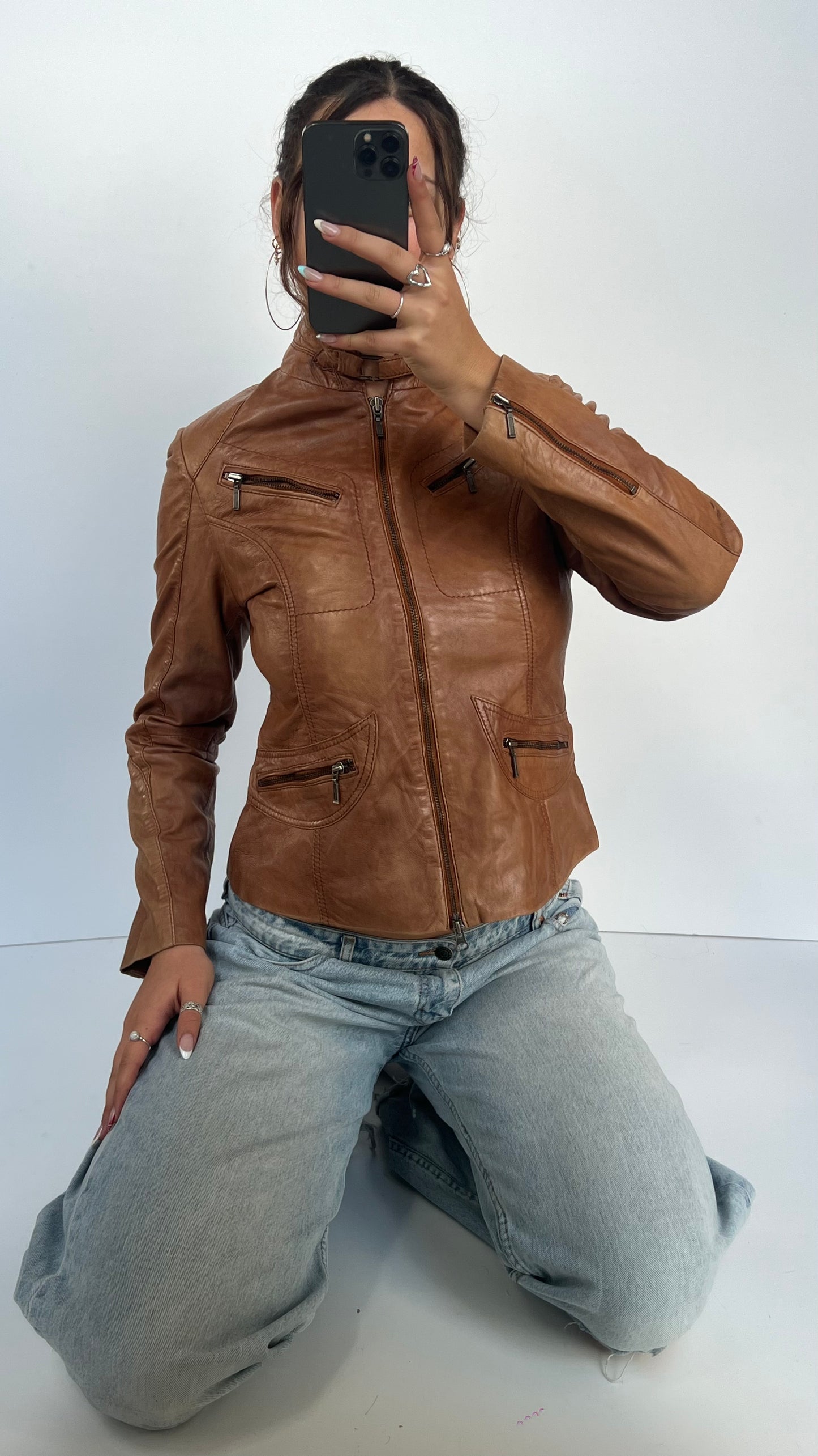 00s brown leather jacket- size M