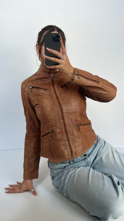 00s brown leather jacket- size M