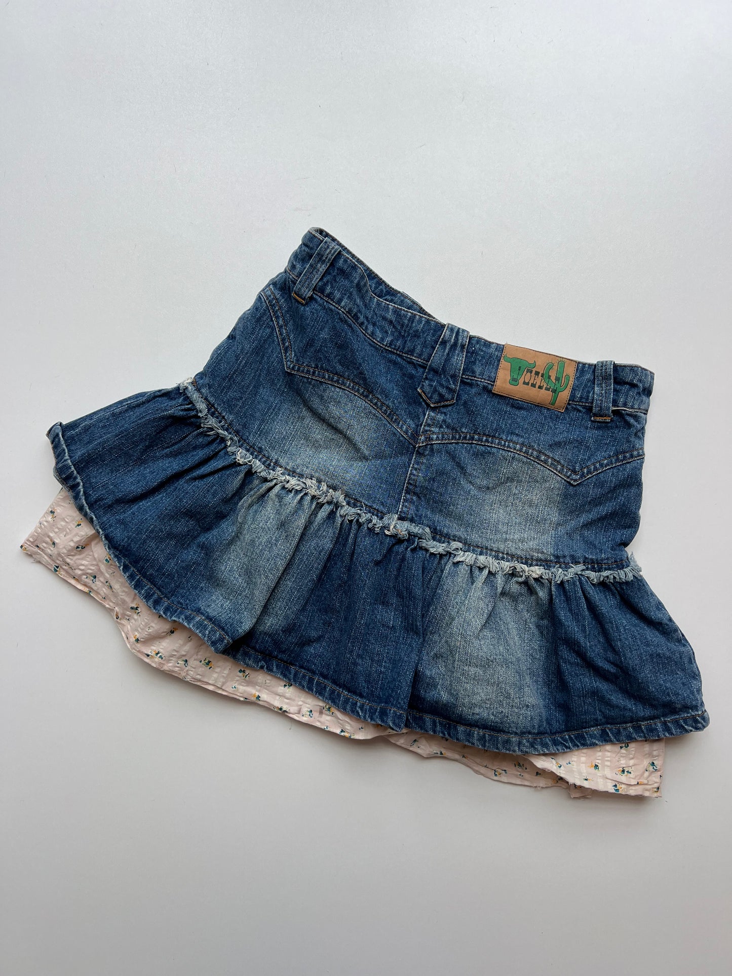 00s denim pink ruffle mini skirt- size S