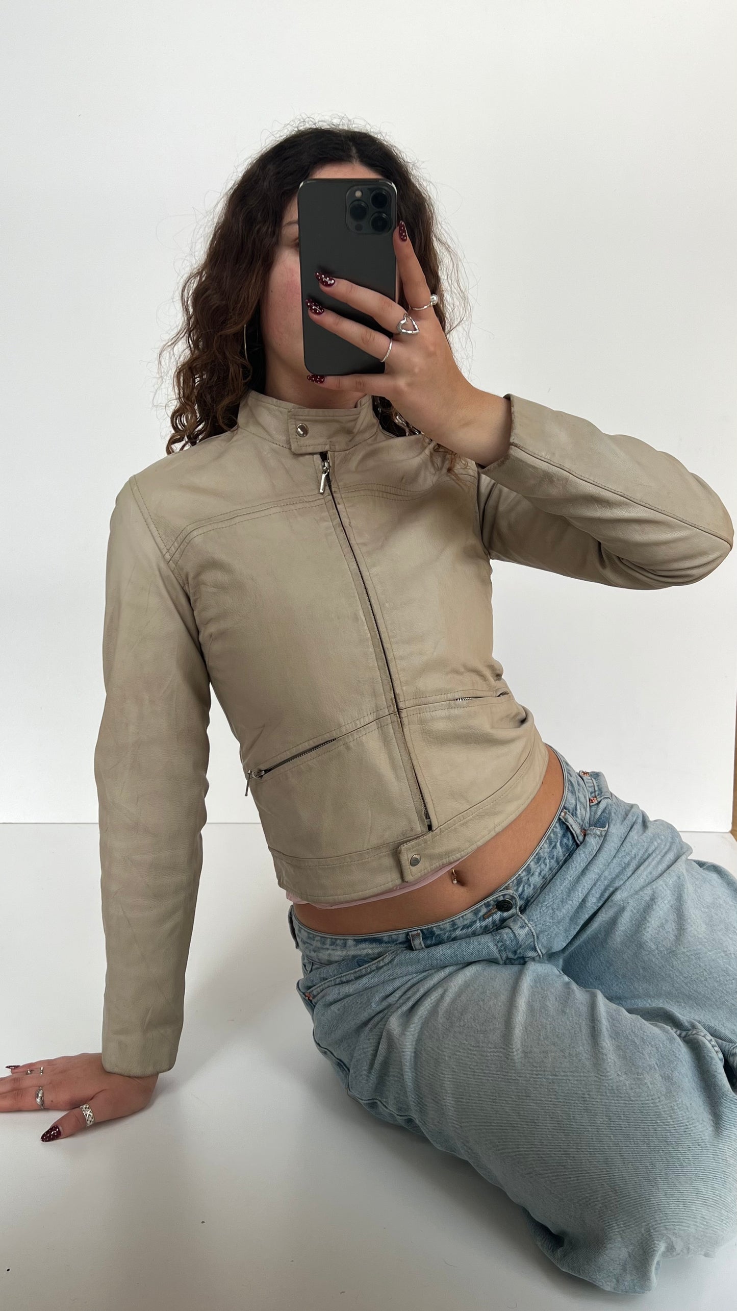 00s cream leather jacket- size S