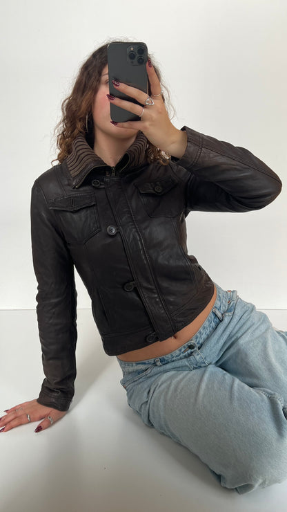 00s brown leather jacket- size S