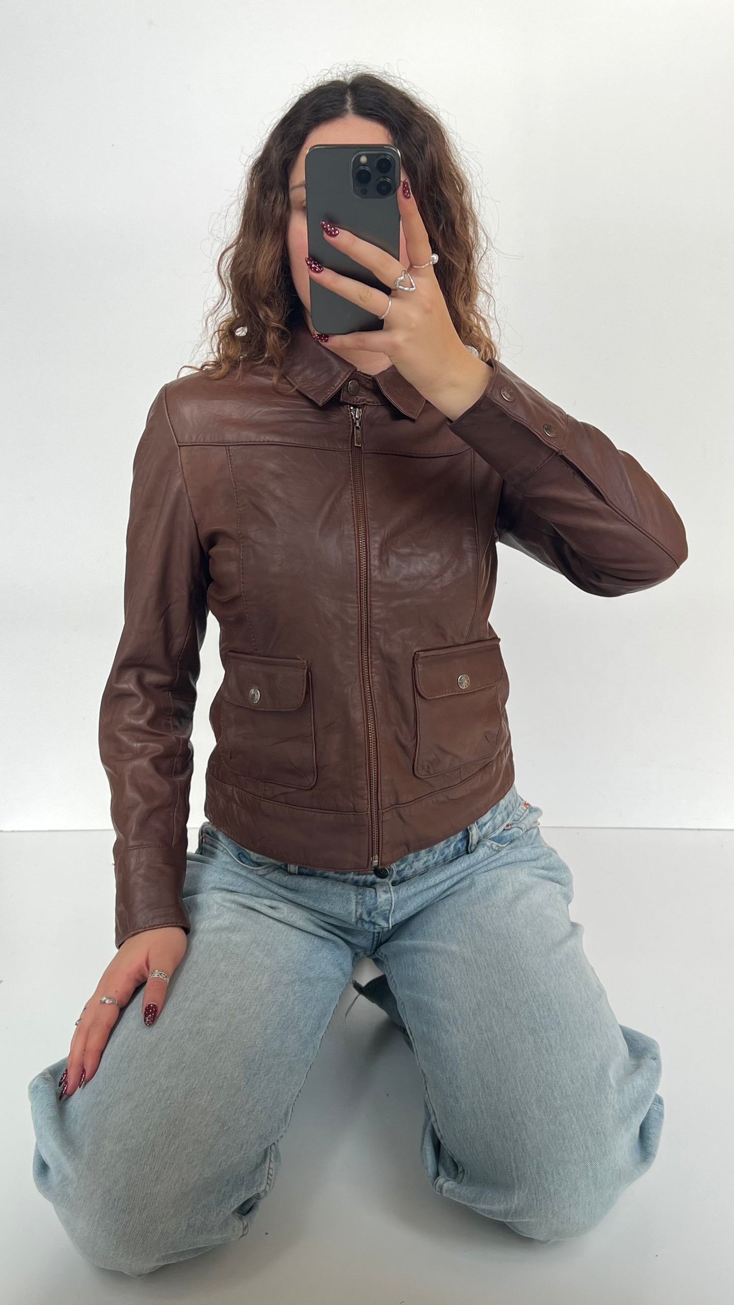00s brown leather jacket- size M