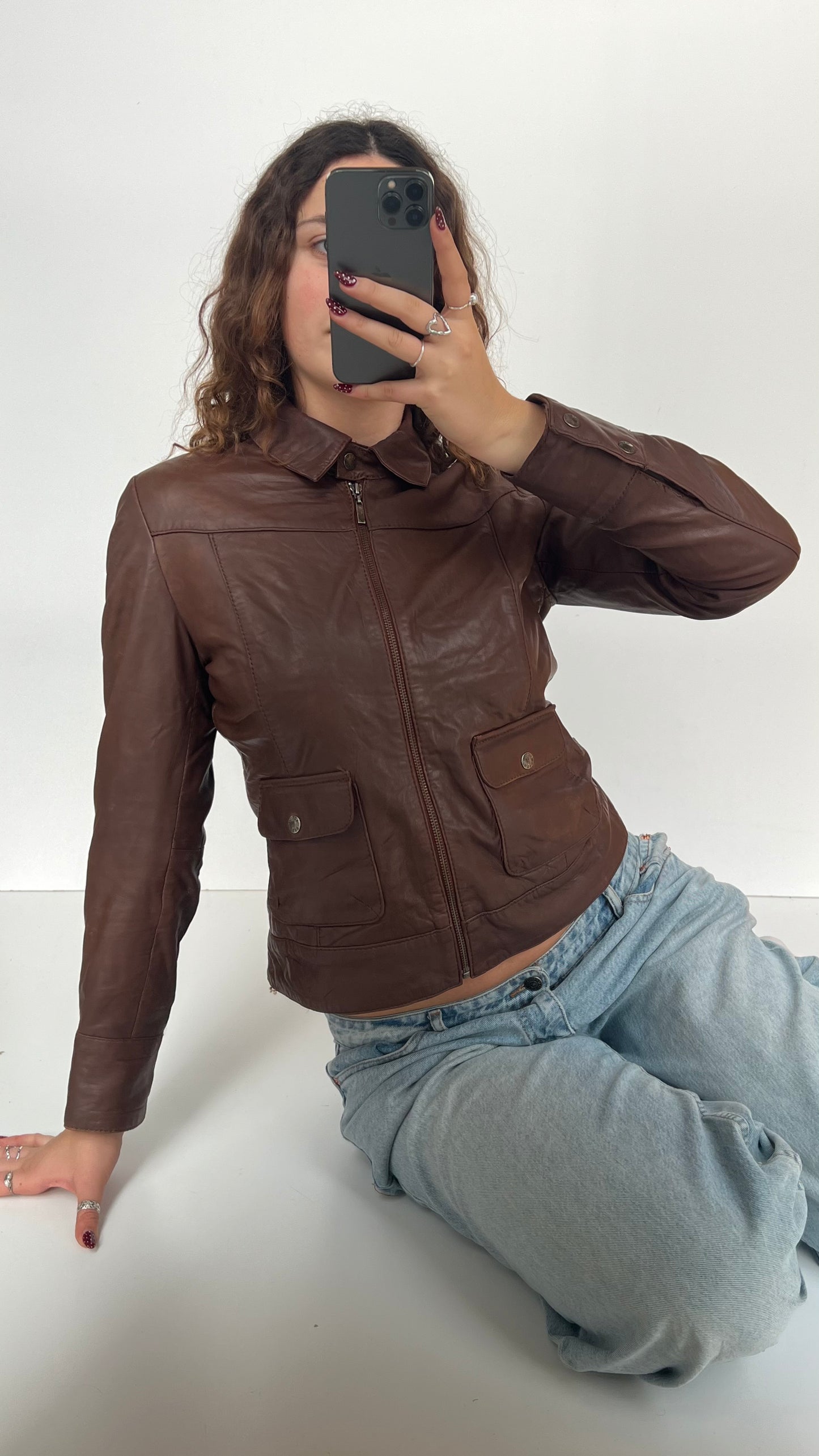00s brown leather jacket- size M