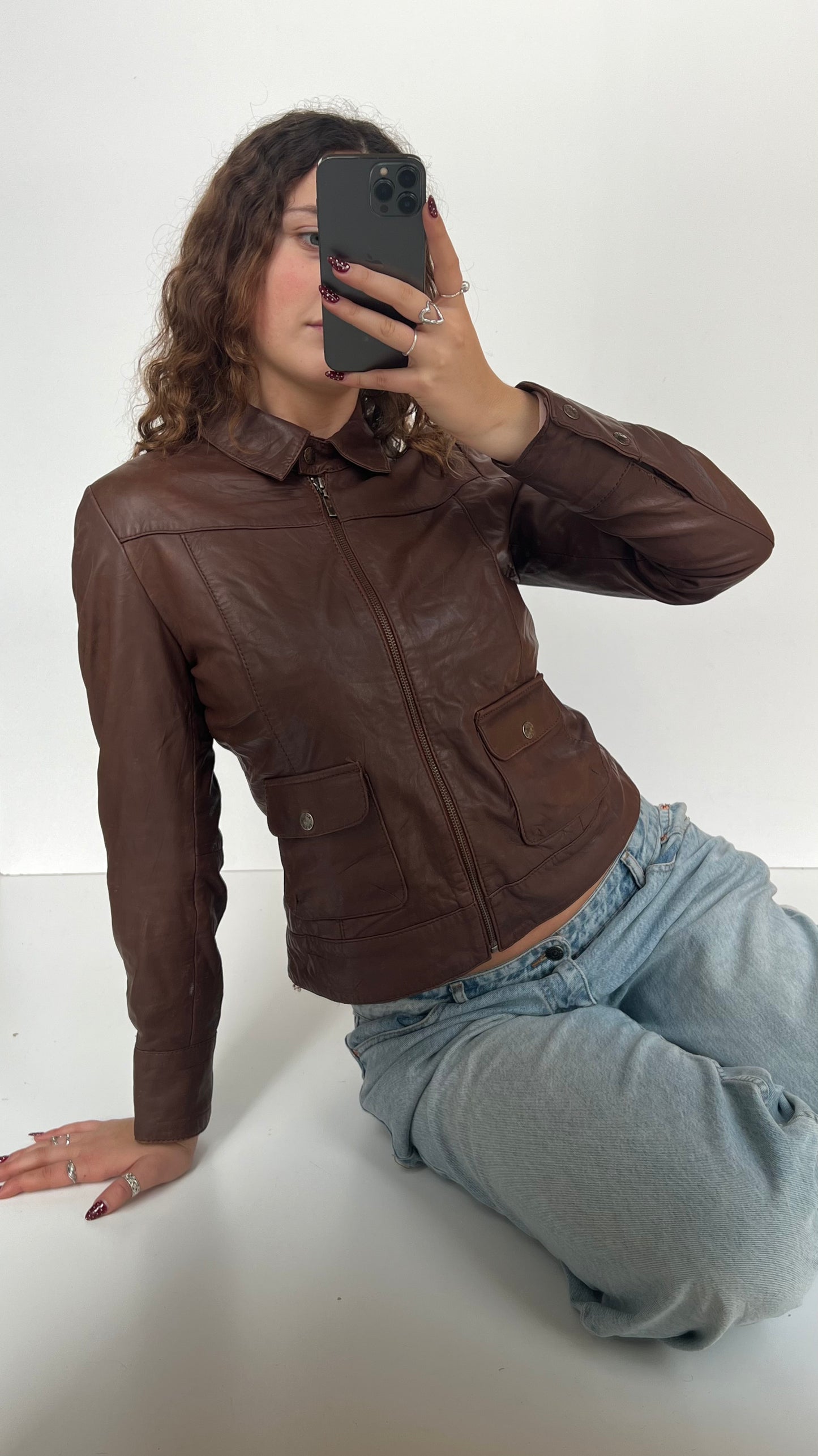00s brown leather jacket- size M
