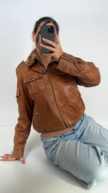 00s brown leather jacket- size XL