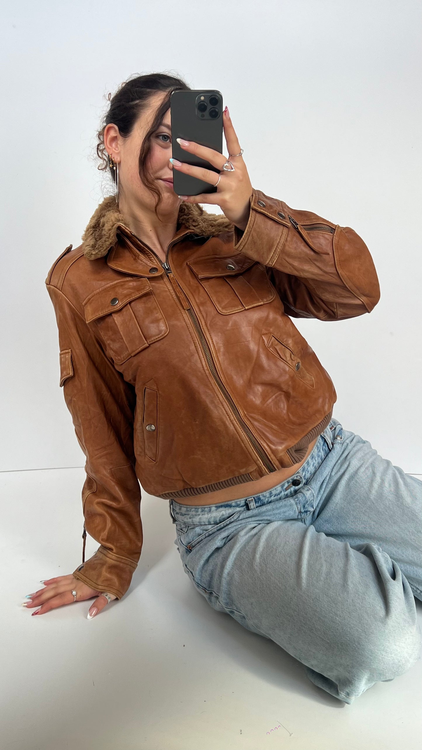 00s brown leather jacket- size XL