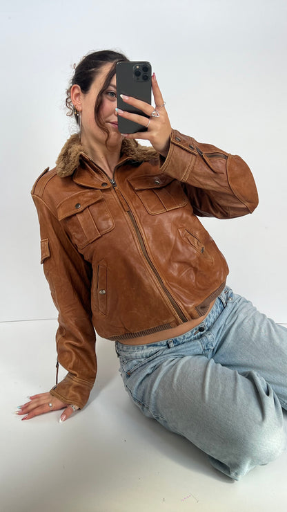 00s brown leather jacket- size XL