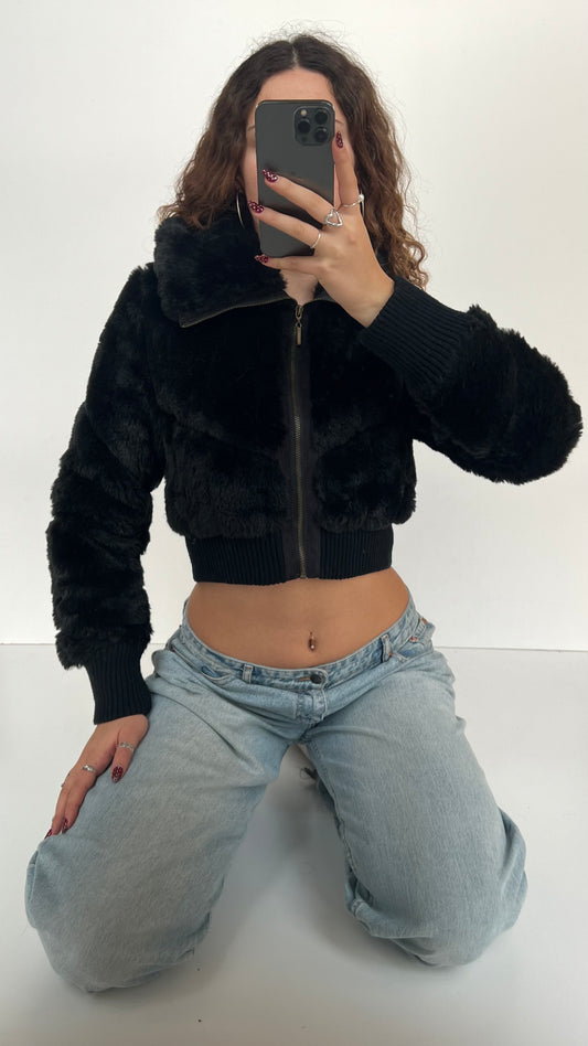 00s black cropped fur jacket- size XS