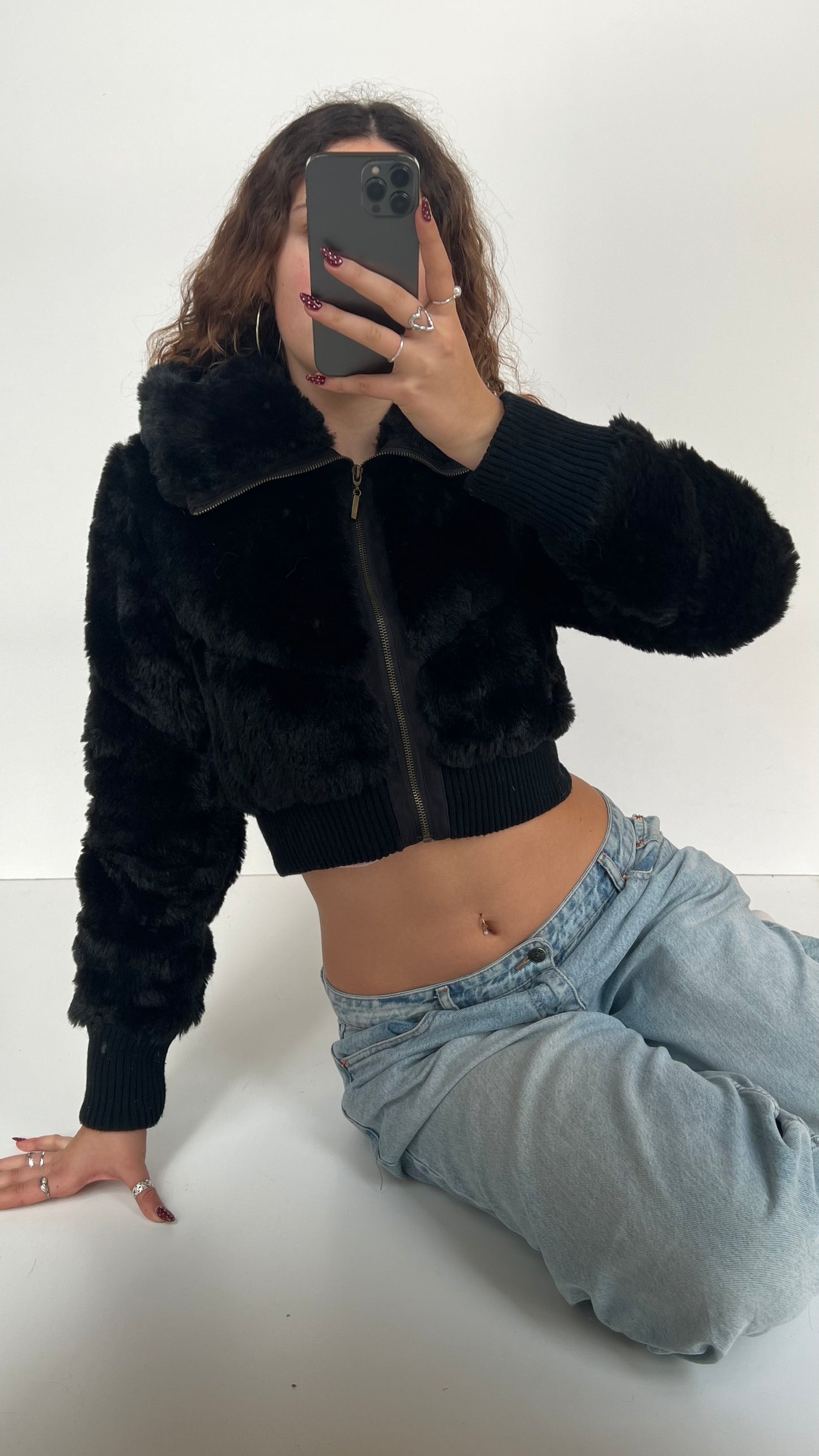 00s black cropped fur jacket- size XS