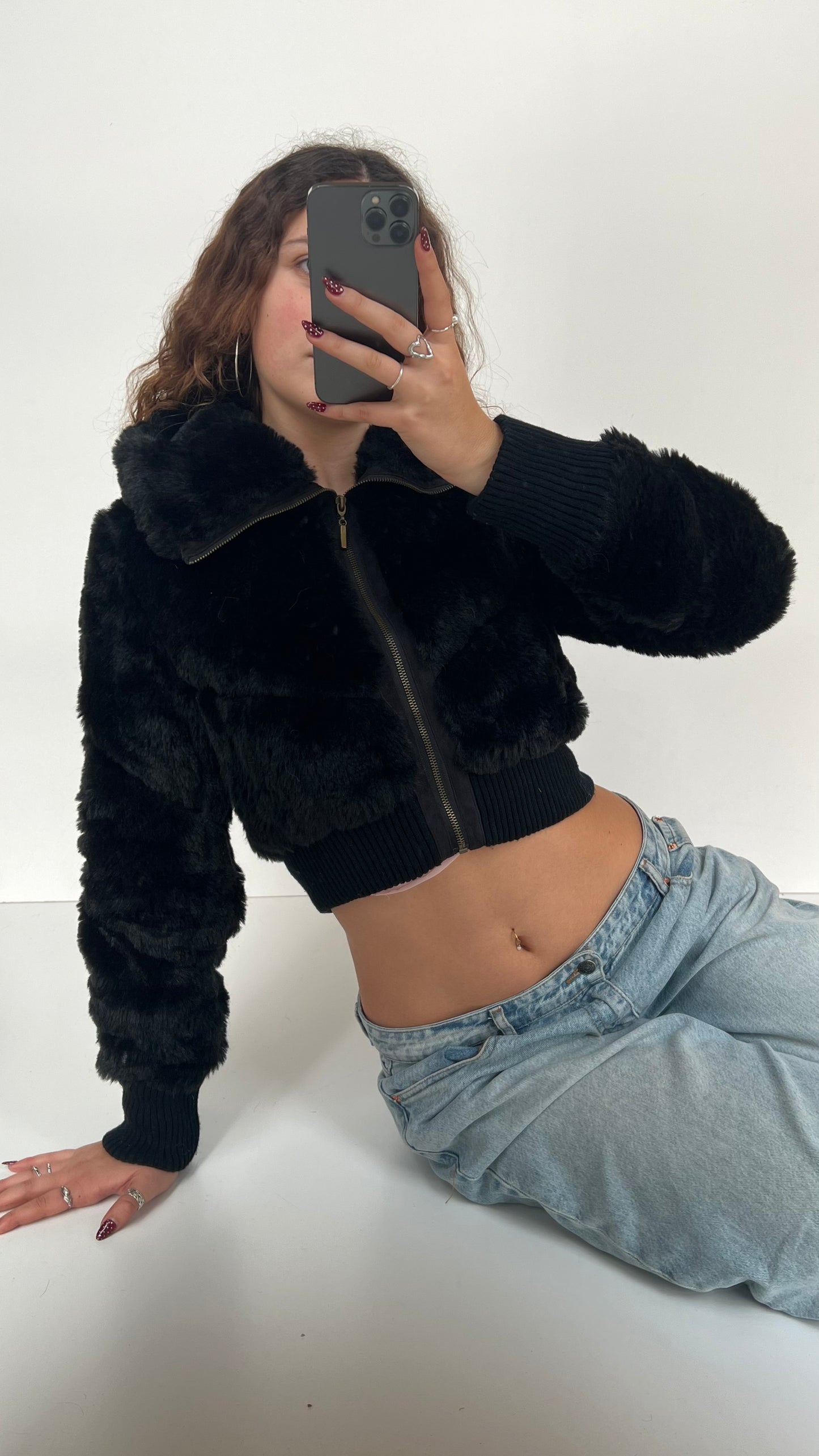 00s black cropped fur jacket- size XS
