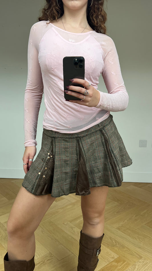 00s brown plaid mini skirt- size S