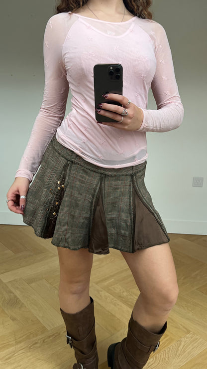 00s brown plaid mini skirt- size S