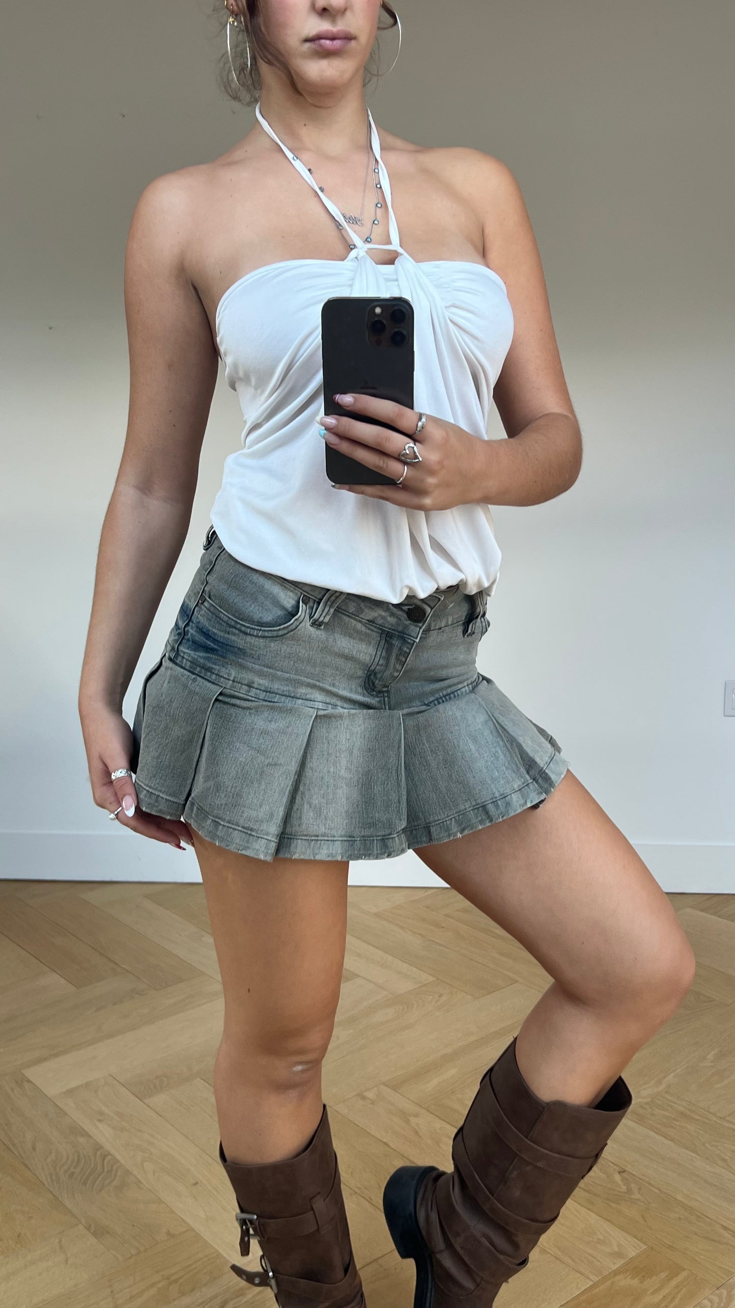 00s grey denim pleated skirt- size S