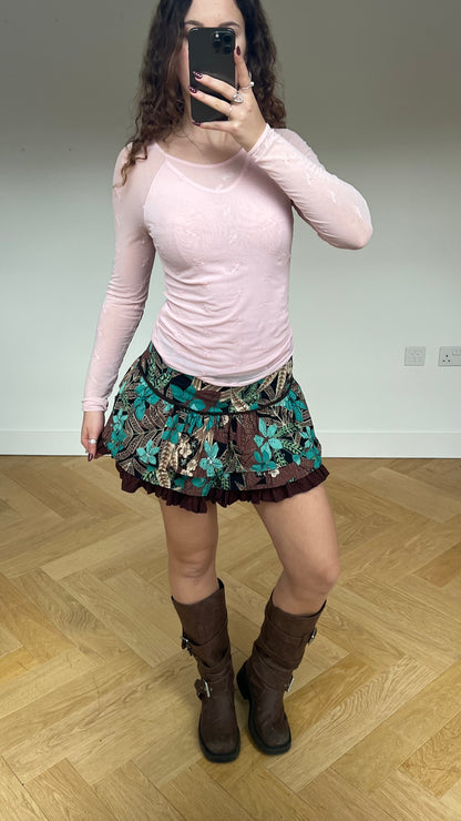 00s green brown floral mini skirt- size M