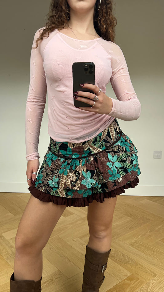 00s green brown floral mini skirt- size M