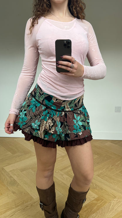 00s green brown floral mini skirt- size M
