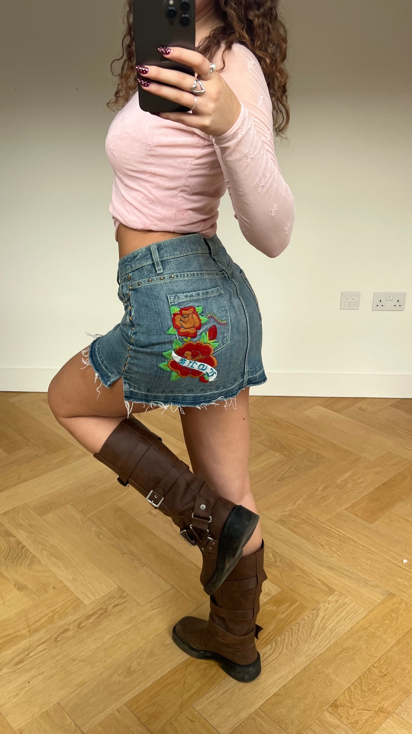 00s denim butterfly mini skirt- size M