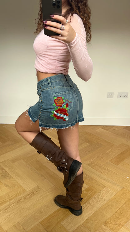 00s denim butterfly mini skirt- size M