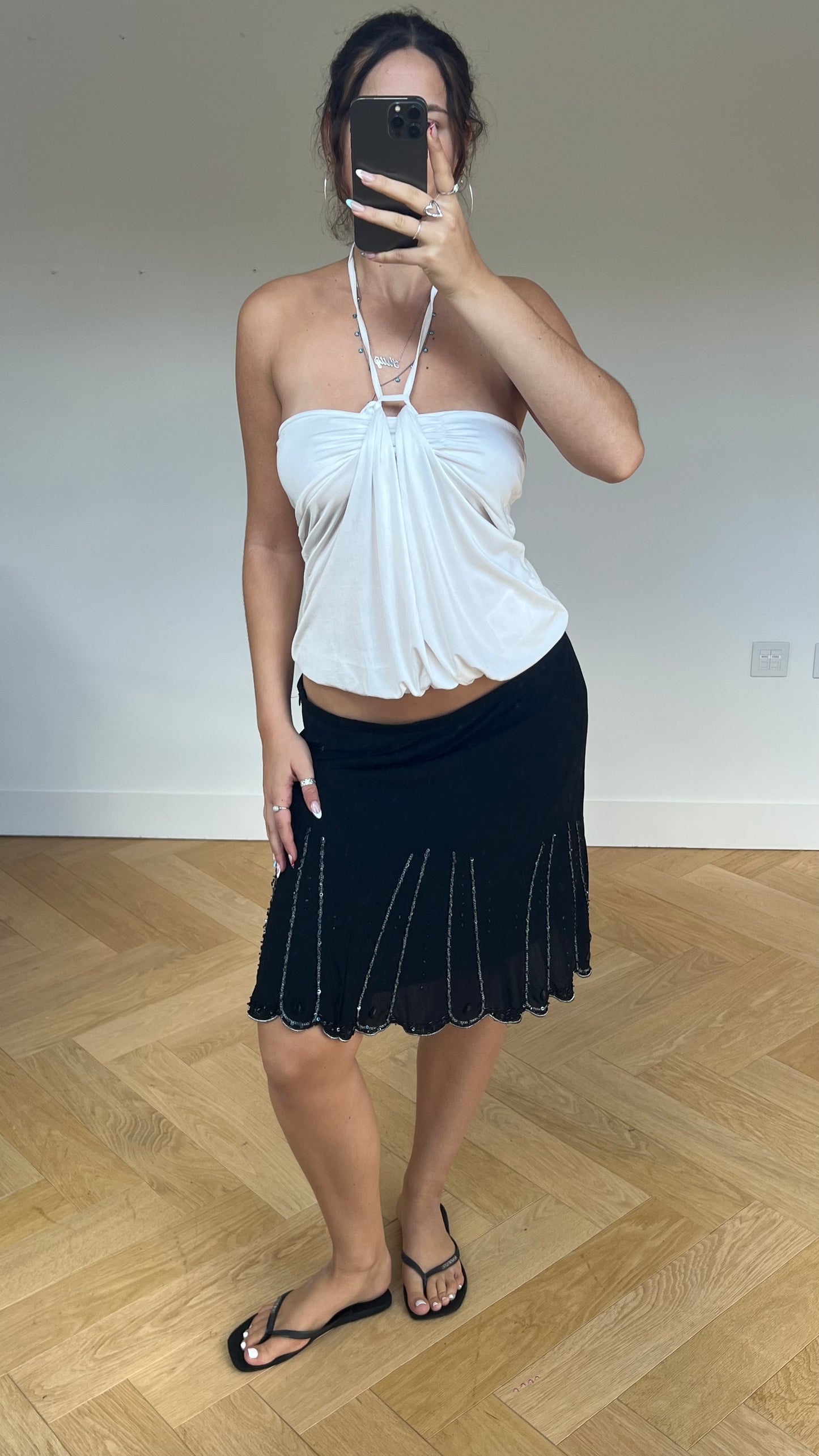 00s black sequin midi skirt- size L