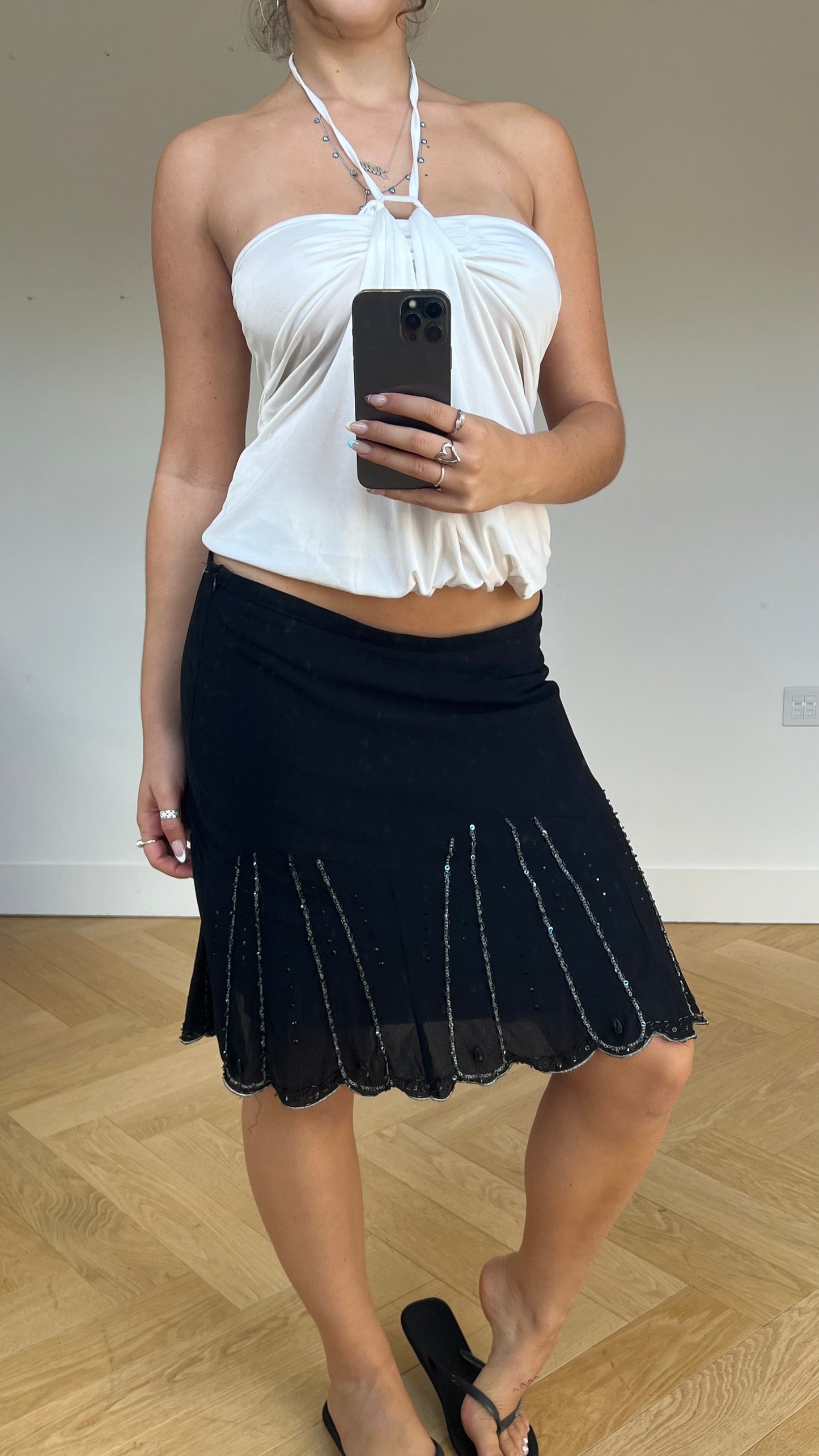 00s black sequin midi skirt- size L