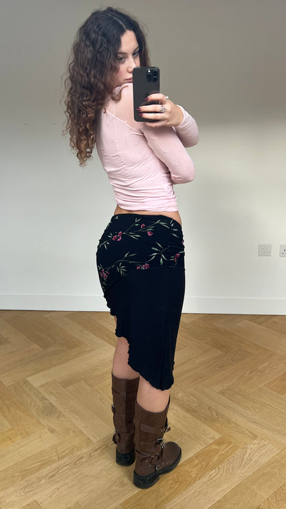 00s black floral midi skirt- size S