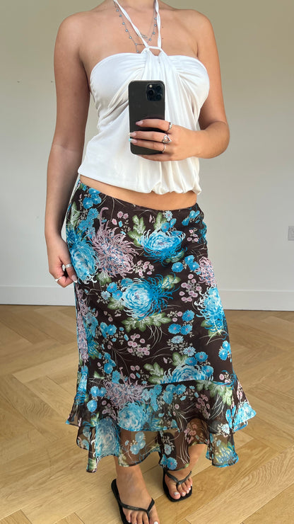 00s brown floral midi skirt- size S