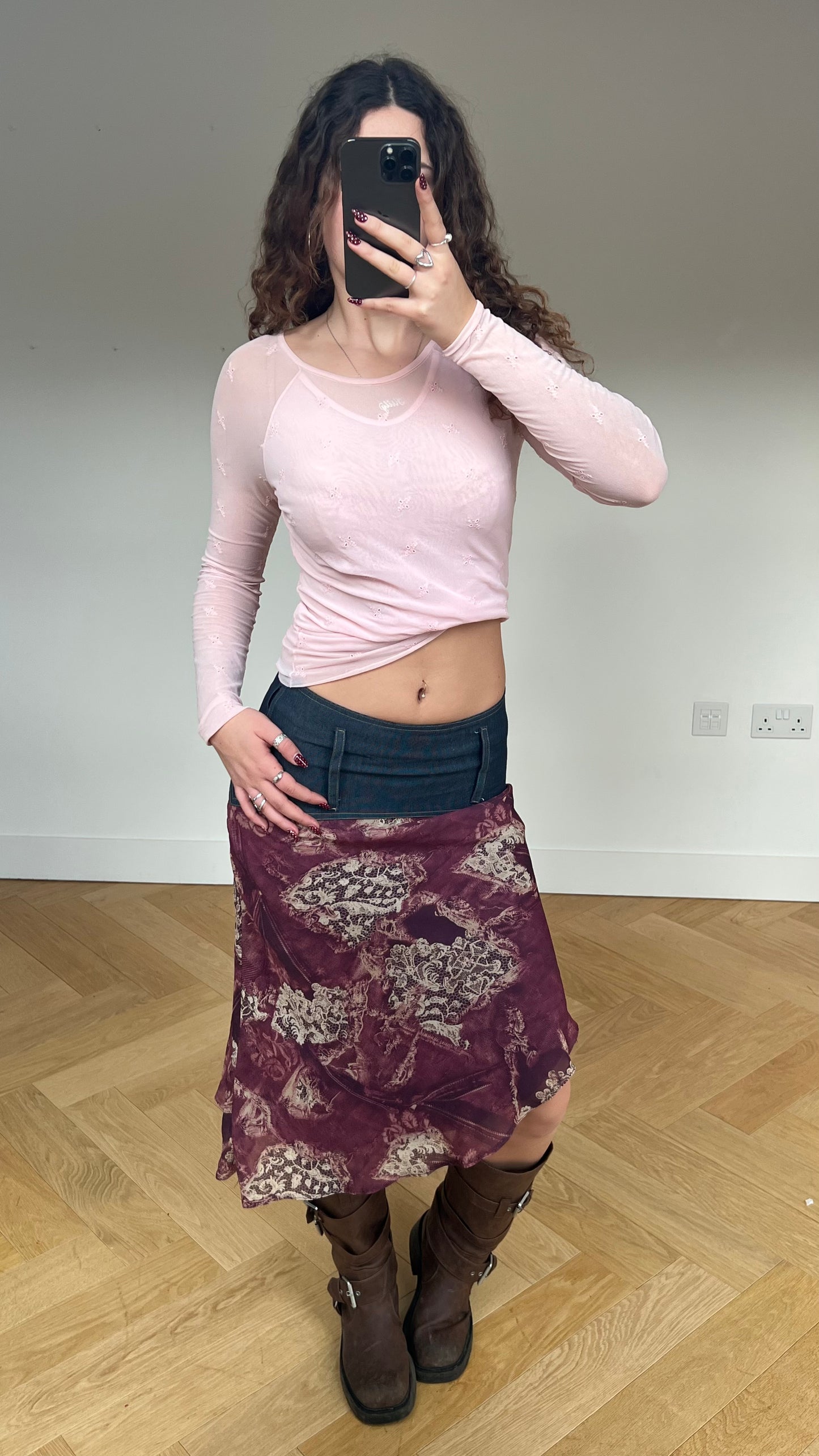 00s purple denim mesh midi skirt- size S