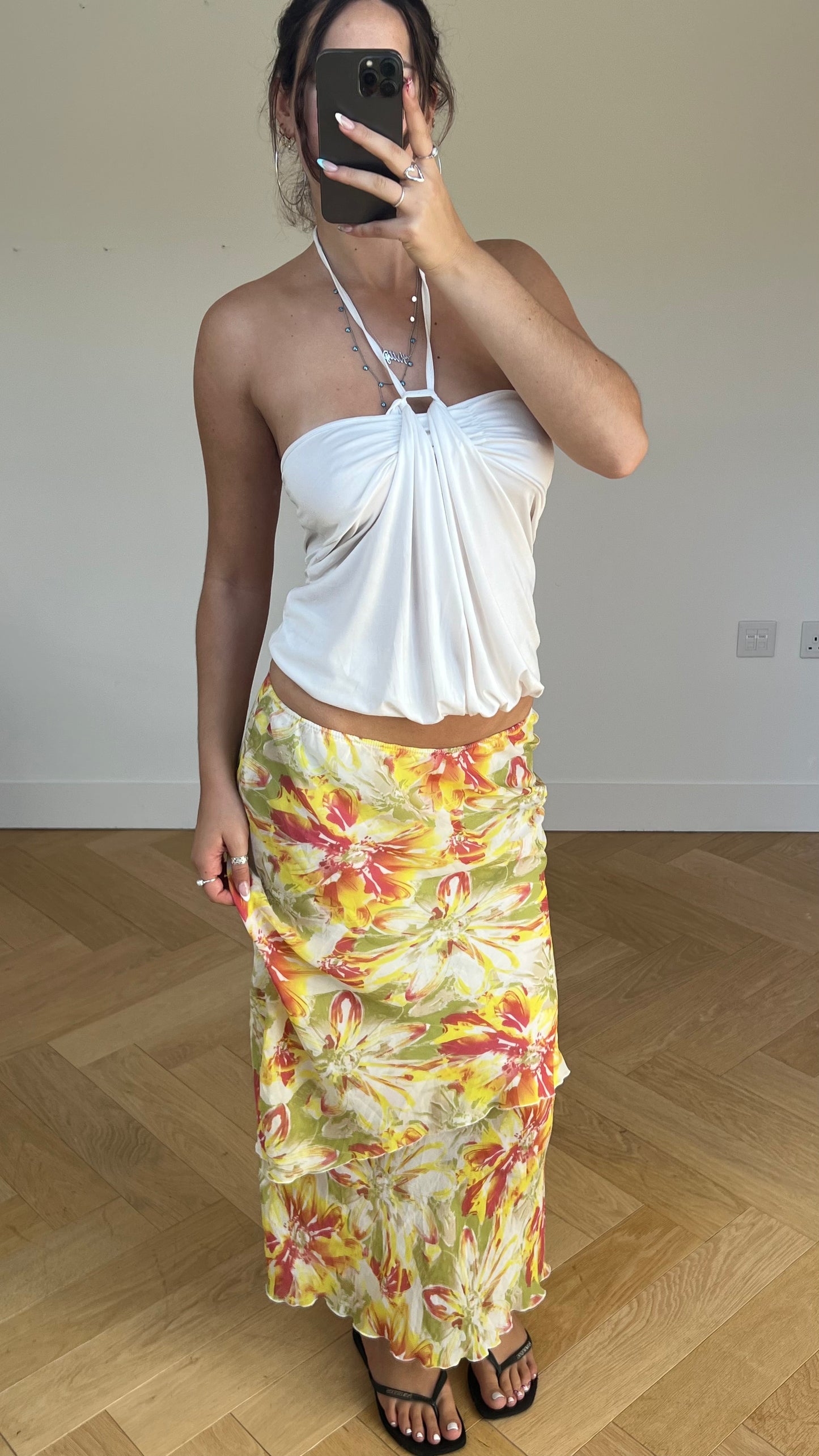 00s yellow floral maxi skirt- size M