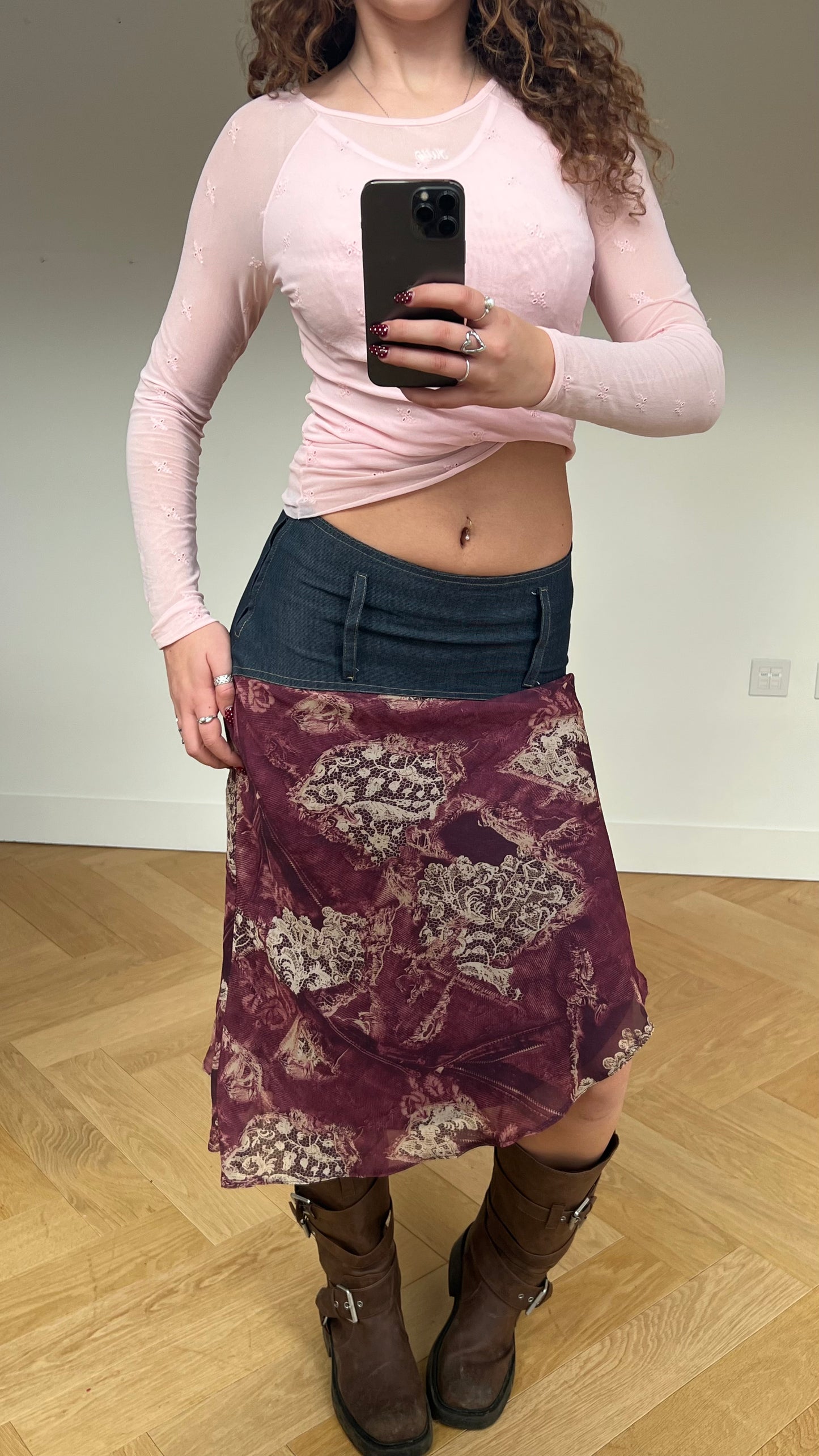 00s purple denim mesh midi skirt- size S