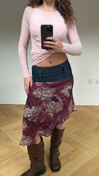 00s purple denim mesh midi skirt- size S