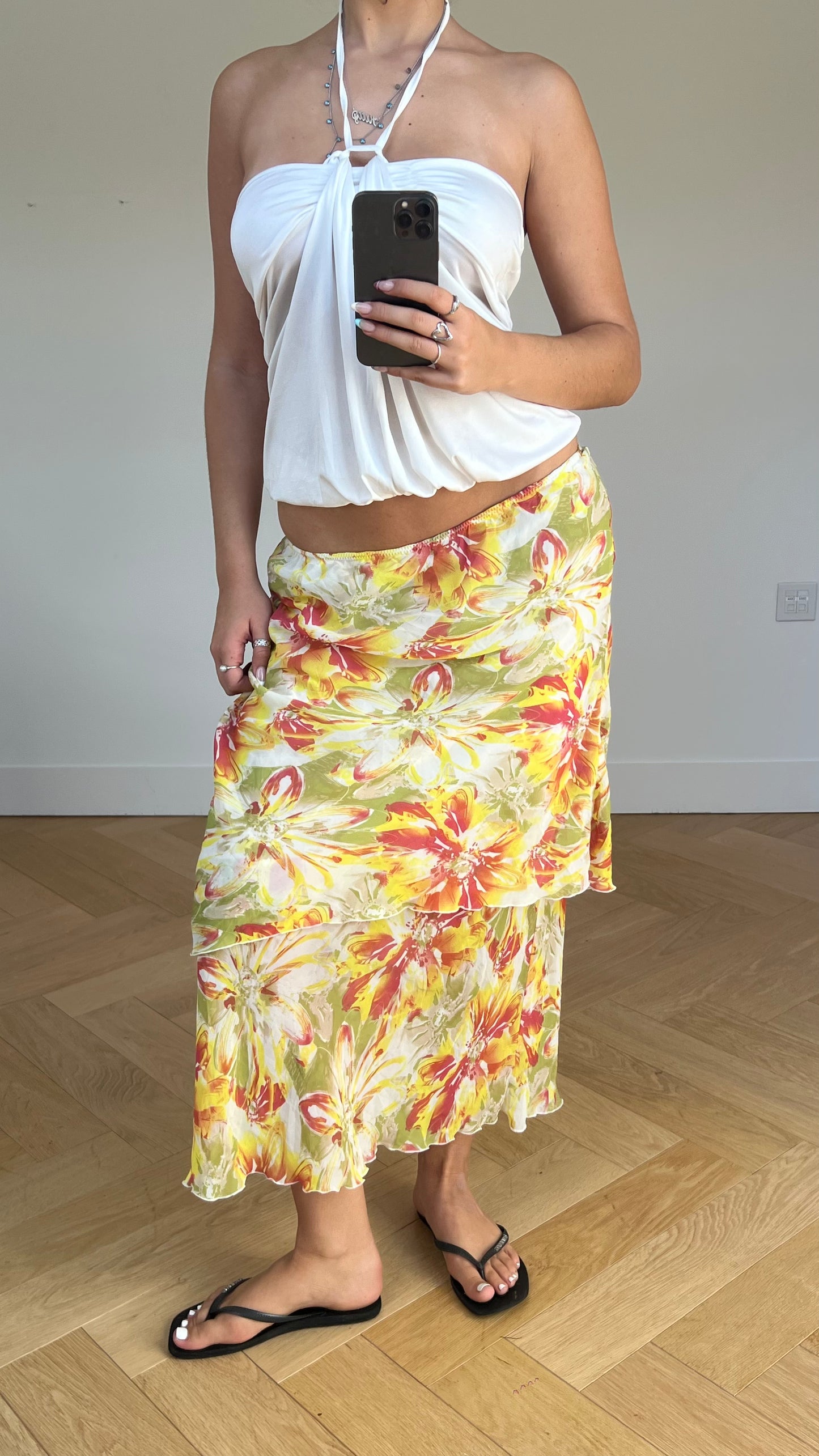 00s yellow floral maxi skirt- size M