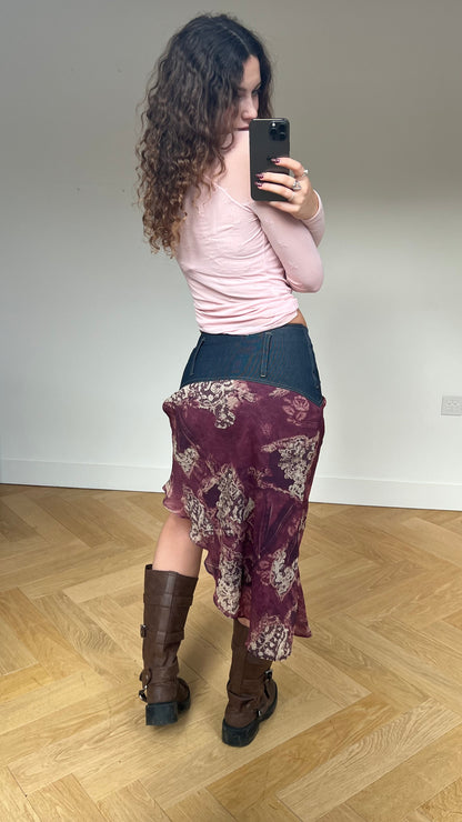 00s purple denim mesh midi skirt- size S