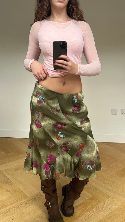 00s green floral midi skirt- size M