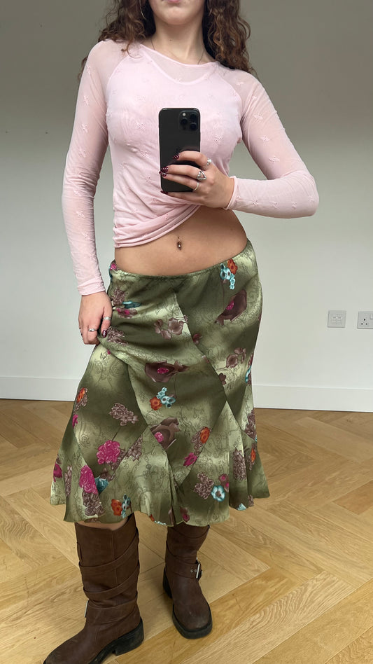 00s green floral midi skirt- size M
