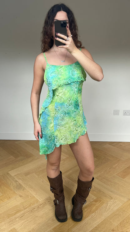 00s green asymmetric mini dress- size M
