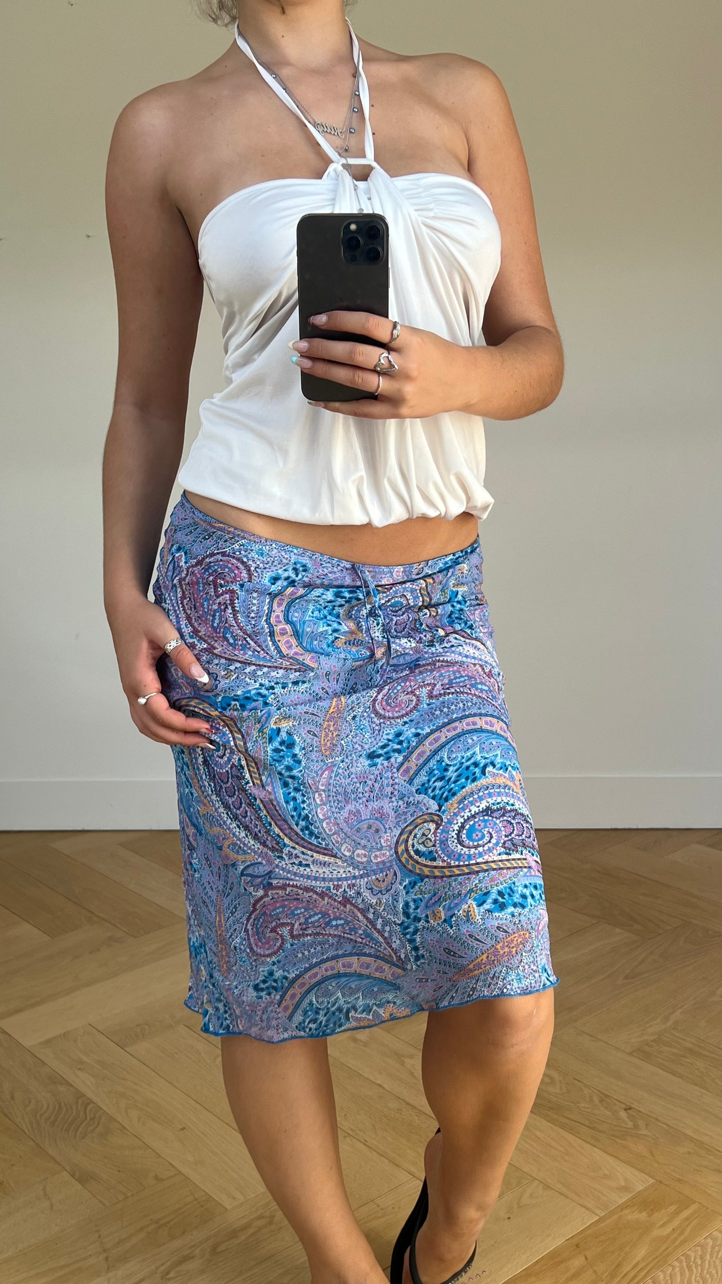 00s blue paisley midi skirt- size S