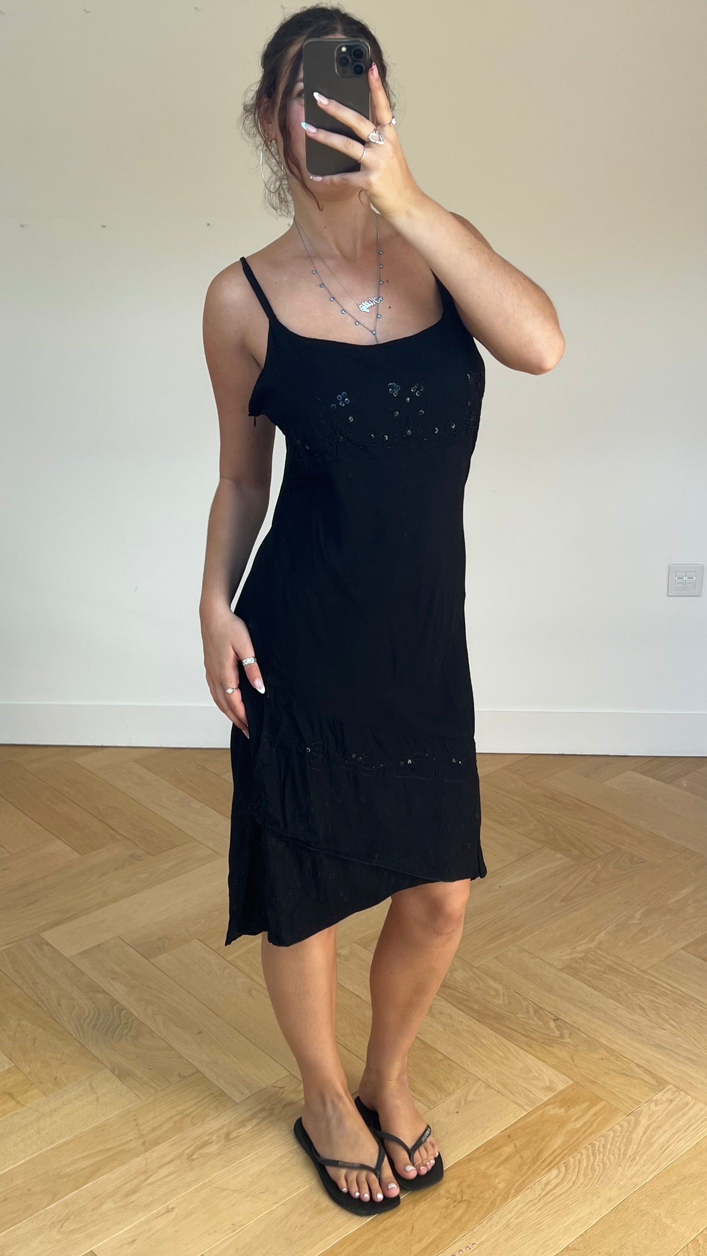 00s black asymmetric midi dress- size L