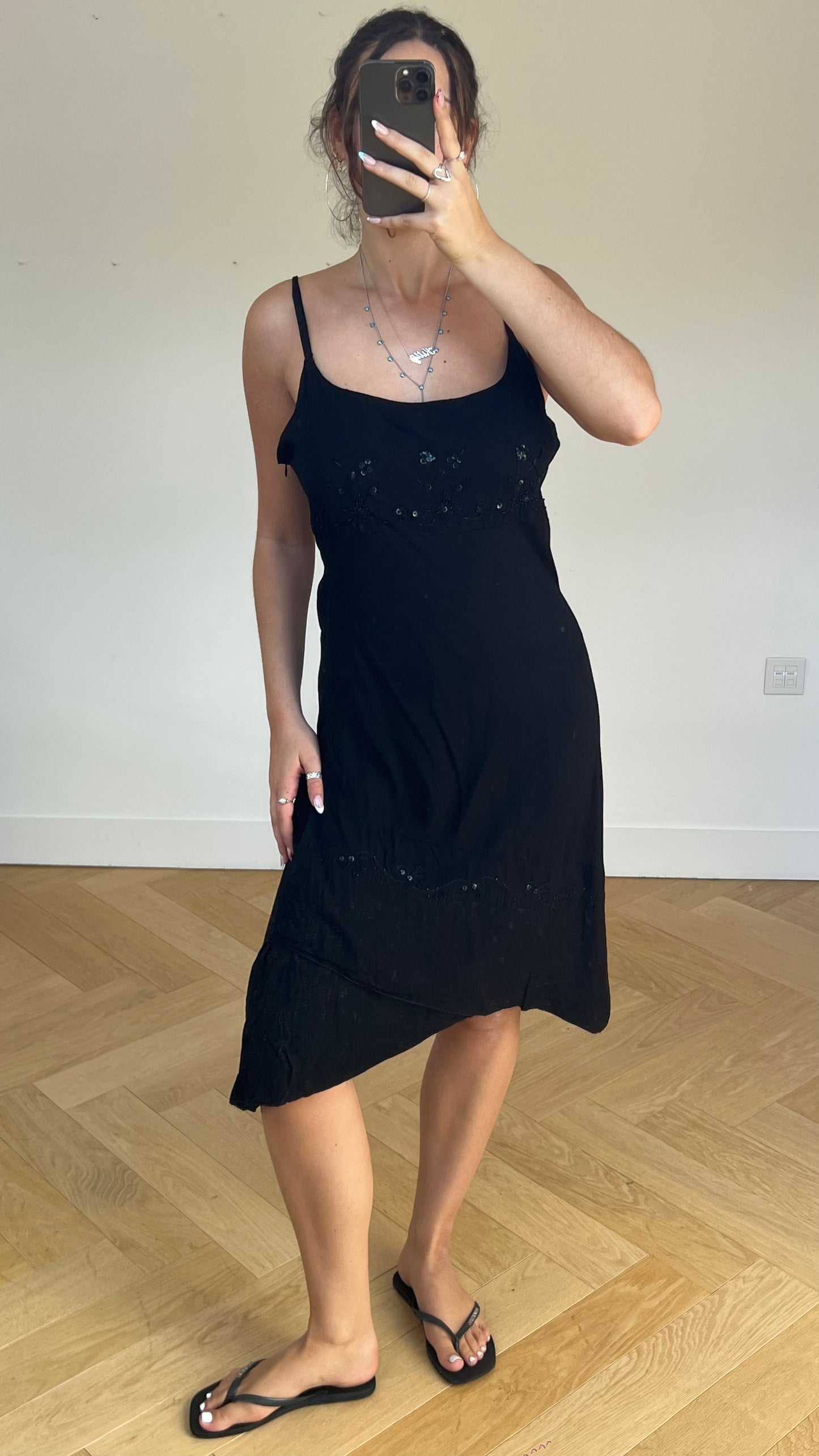 00s black asymmetric midi dress- size L