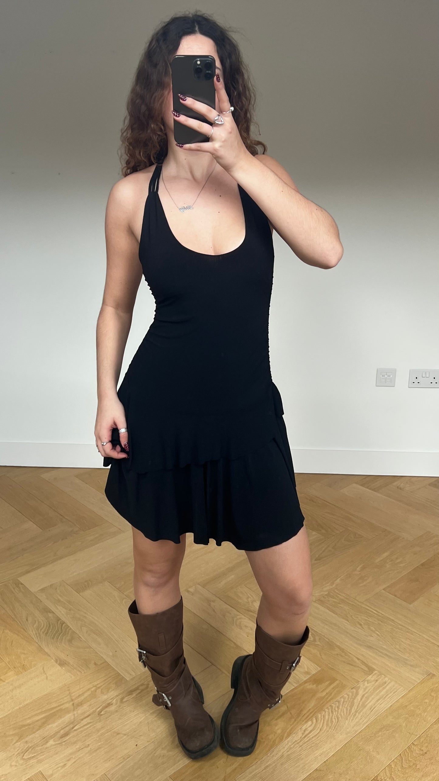 00s black slinky mini dress- size M