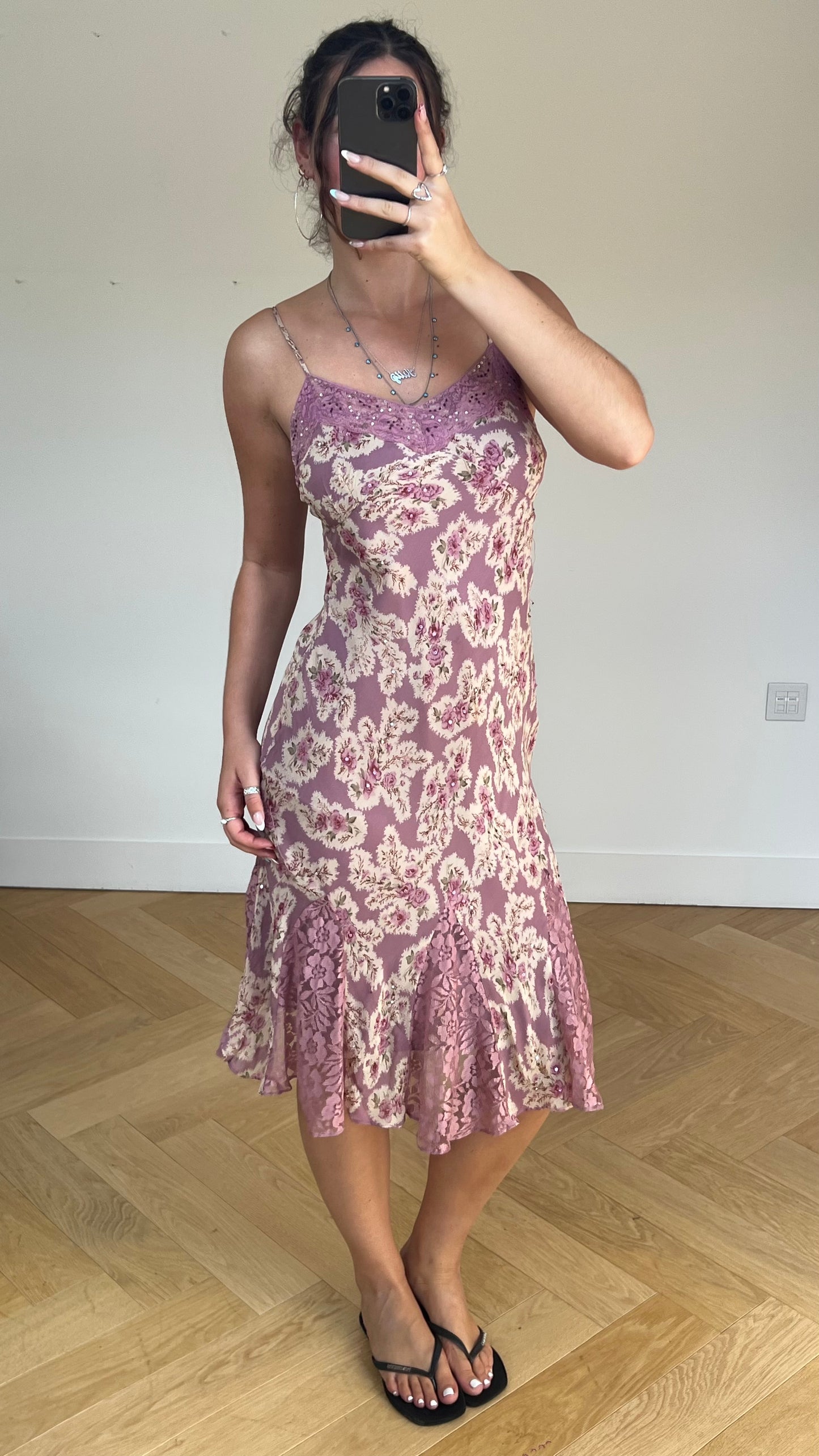 00s pink floral midi dress- size M