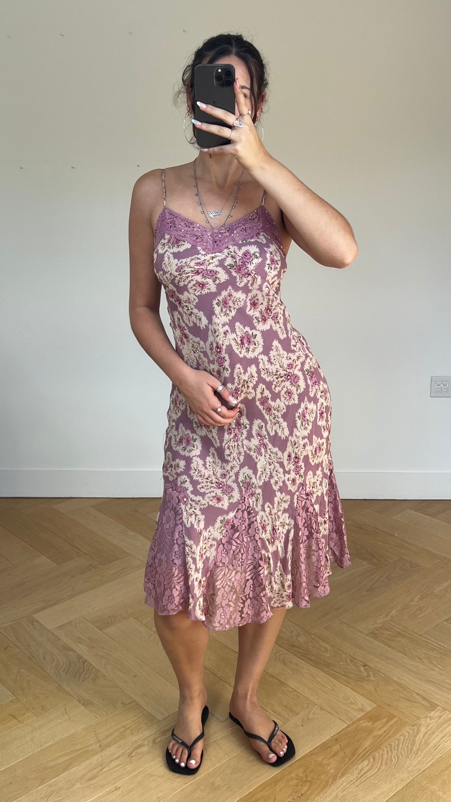 00s pink floral midi dress- size M