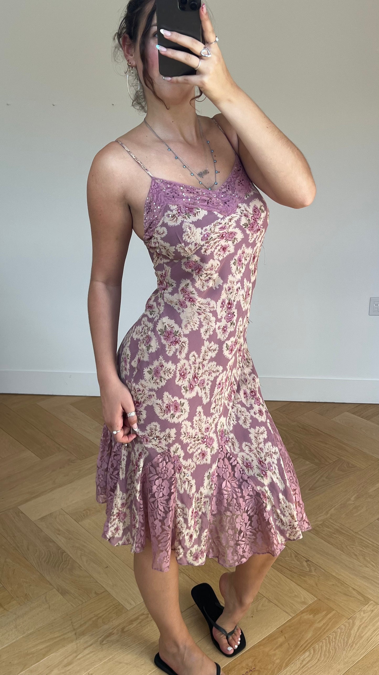 00s pink floral midi dress- size M