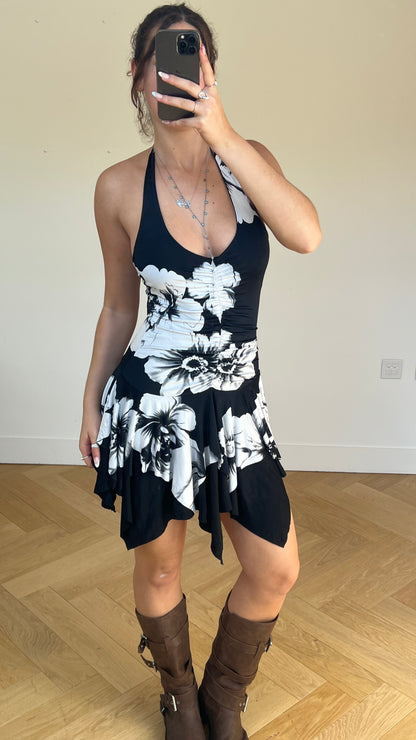 00s black floral mini dress- size S