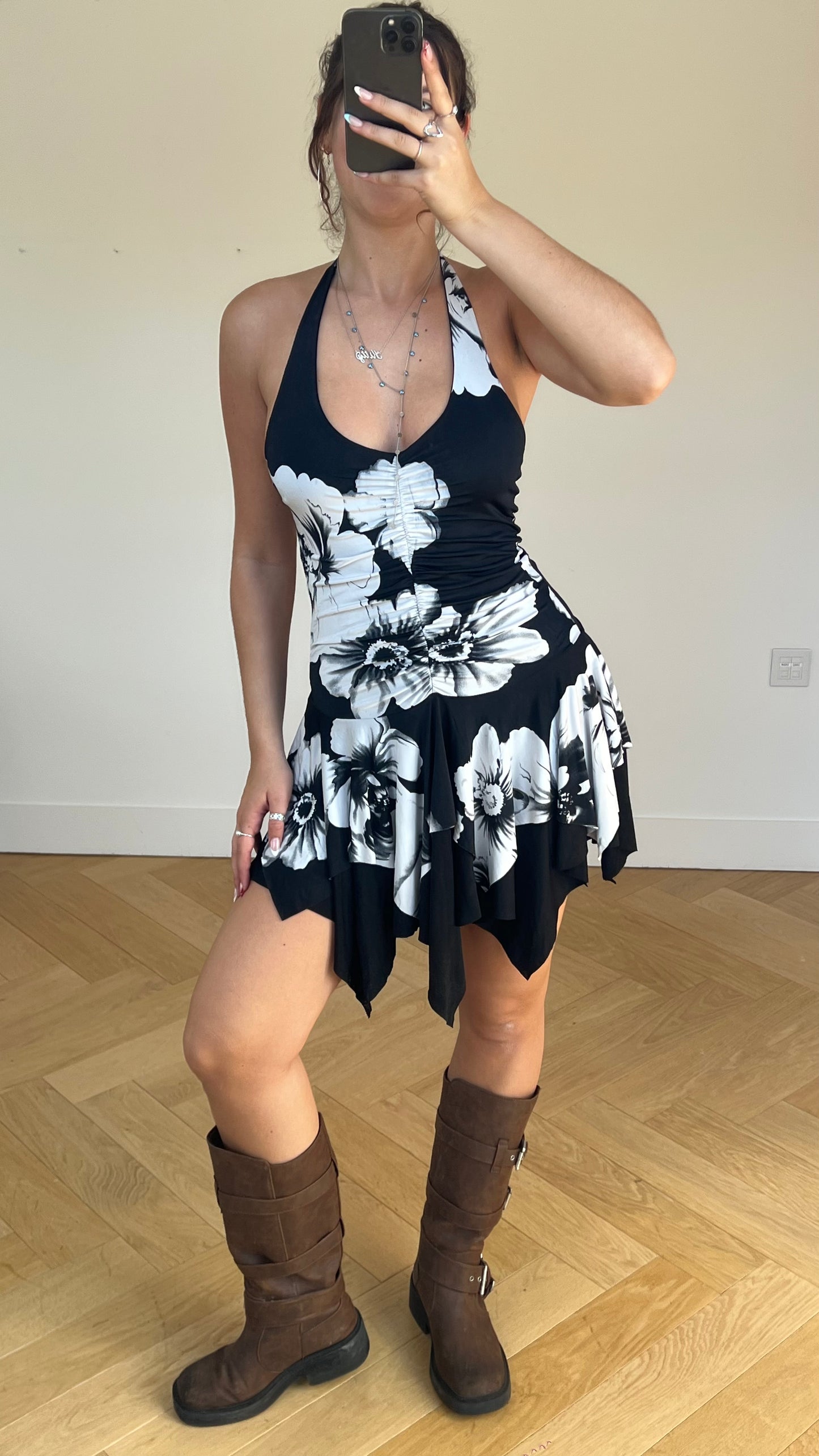 00s black floral mini dress- size S