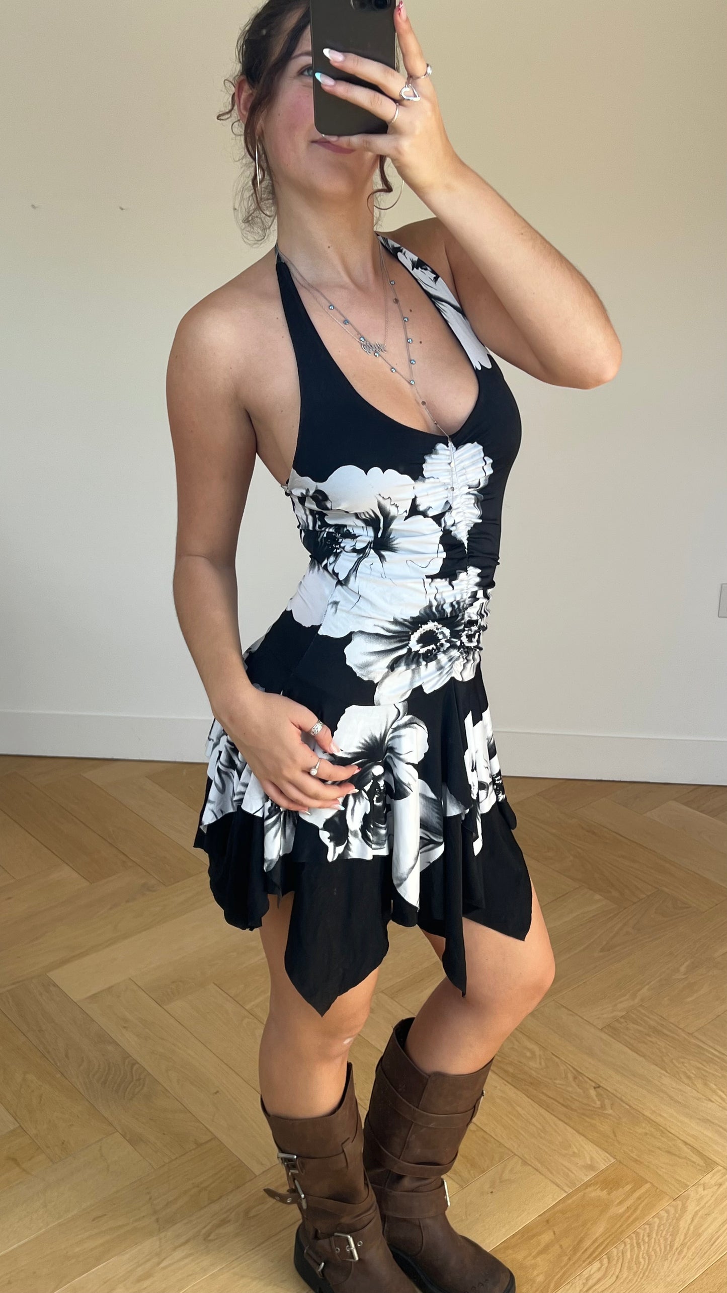 00s black floral mini dress- size S